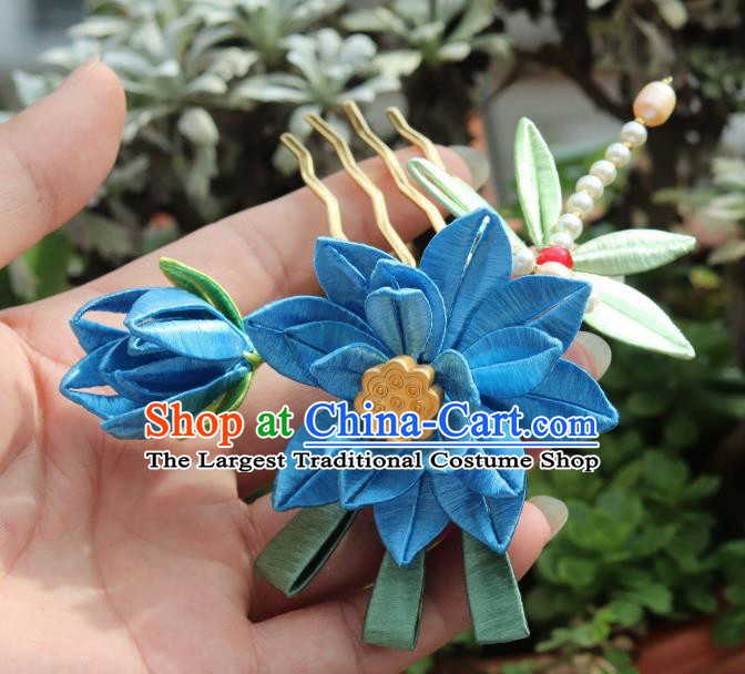 Chinese Ancient Princess Blue Silk Lotus Hair Comb Handmade Pearls Dragonfly Hairpin Hair Accessories