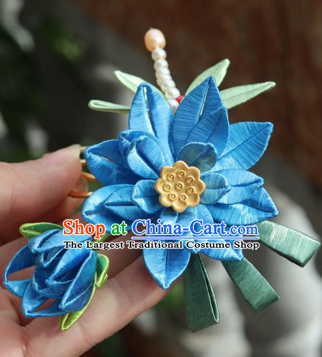 Chinese Ancient Princess Blue Silk Lotus Hair Comb Handmade Pearls Dragonfly Hairpin Hair Accessories