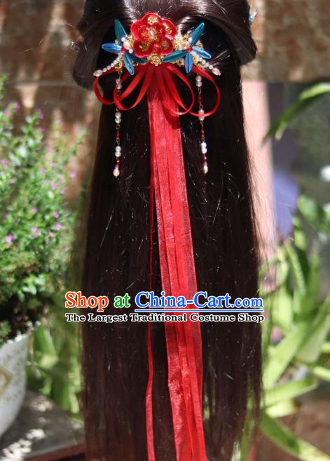 Chinese Ancient Princess Red Silk Ribbon Hair Claw Handmade Hanfu Tassel Hair Accessories