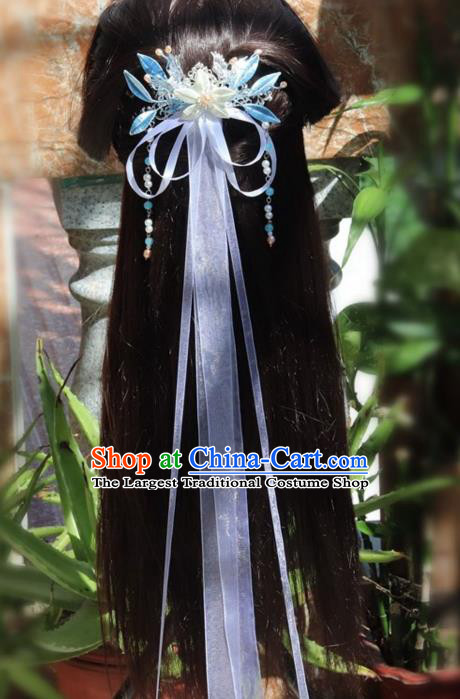 Chinese Handmade Hanfu Tassel Hair Accessories Ancient Princess White Silk Ribbon Hair Claw