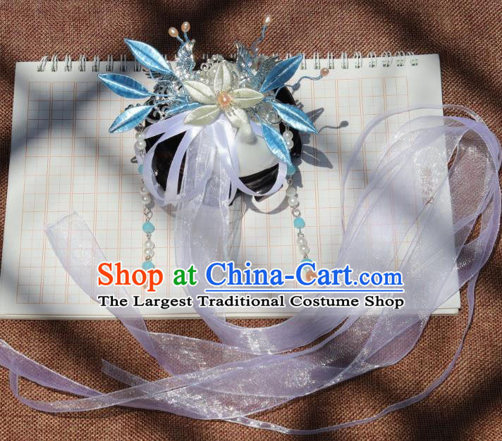 Chinese Handmade Hanfu Tassel Hair Accessories Ancient Princess White Silk Ribbon Hair Claw