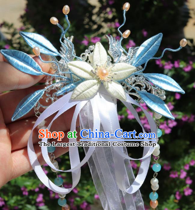 Chinese Handmade Hanfu Tassel Hair Accessories Ancient Princess White Silk Ribbon Hair Claw