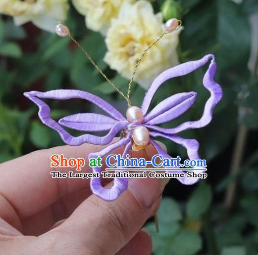Chinese Handmade Hanfu Pearls Hairpin Ancient Princess Purple Silk Butterfly Hair Stick