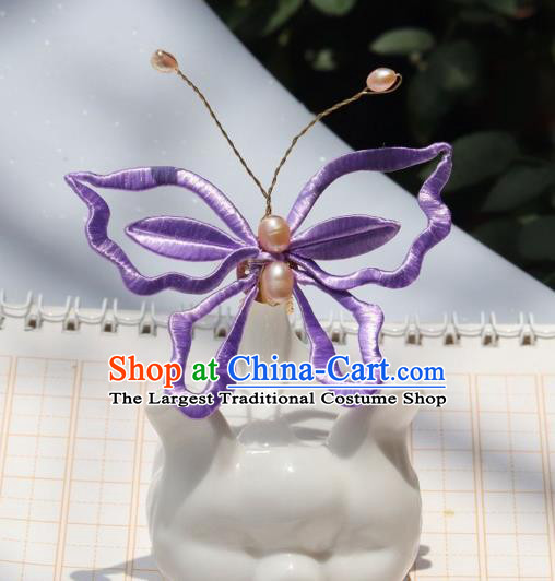 Chinese Handmade Hanfu Pearls Hairpin Ancient Princess Purple Silk Butterfly Hair Stick