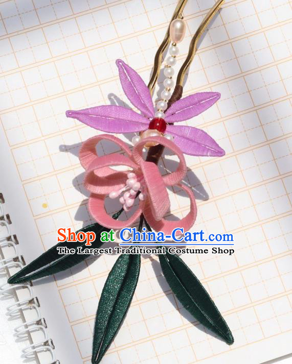 Chinese Handmade Hanfu Pink Flowers Hairpin Ancient Palace Lady Pearls Dragonfly Hair Stick