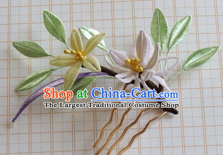 Chinese Ancient Princess White Lily Flower Hair Comb Handmade Ming Dynasty Hanfu Hairpin