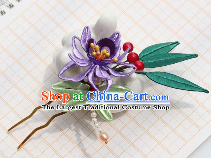 Chinese Ancient Princess Purple Silk Flower Hair Stick Handmade Song Dynasty Court Pearls Hairpin