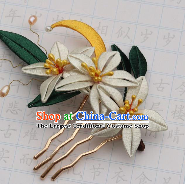 Chinese Ancient Young Beauty Hair Comb Handmade Song Dynasty Court Silk Moon Flowers Hairpin