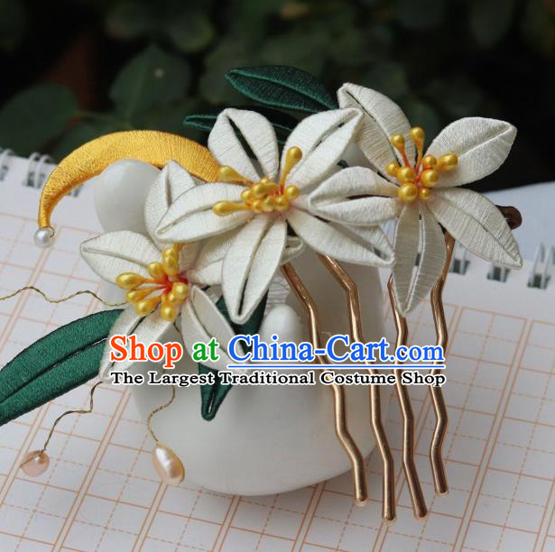Chinese Ancient Young Beauty Hair Comb Handmade Song Dynasty Court Silk Moon Flowers Hairpin