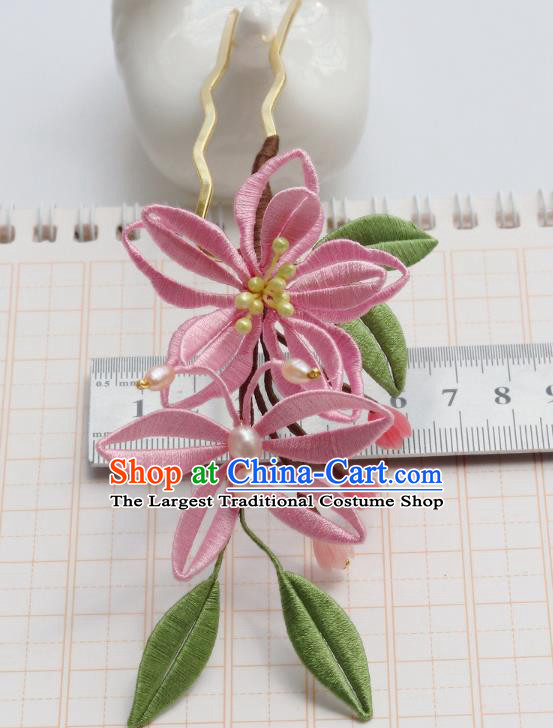 Chinese Ancient Princess Pink Silk Lily Flowers Hair Stick Handmade Song Dynasty Palace Lady Hairpin
