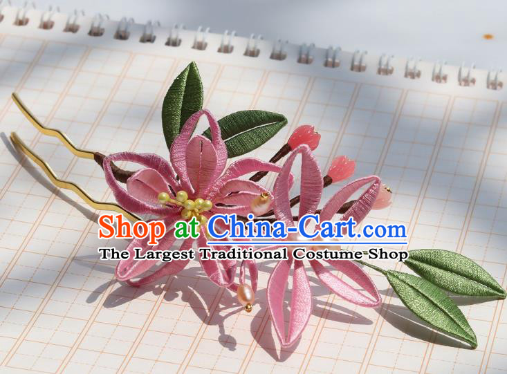 Chinese Ancient Princess Pink Silk Lily Flowers Hair Stick Handmade Song Dynasty Palace Lady Hairpin