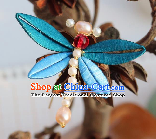 Chinese Ancient Princess Blue Silk Hair Stick Handmade Song Dynasty Pearls Dragonfly Hairpin