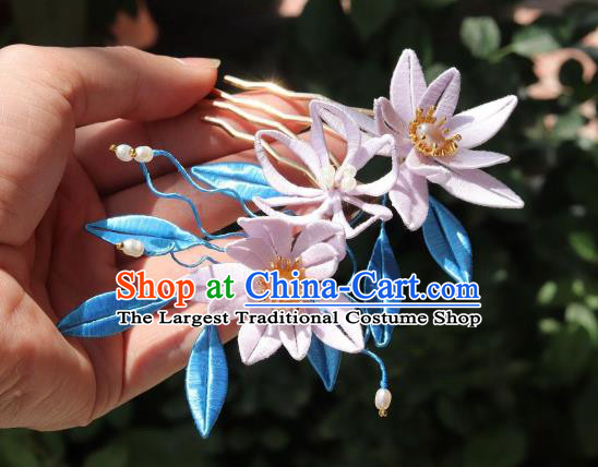 Chinese Ancient Court Lady Lilac Silk Epiphyllum Hair Comb Handmade Song Dynasty Princess Pearls Hairpin
