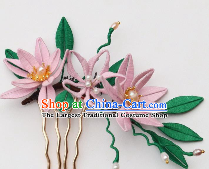 Chinese Handmade Song Dynasty Princess Pearls Hairpin Ancient Court Lady Pink Silk Epiphyllum Hair Comb