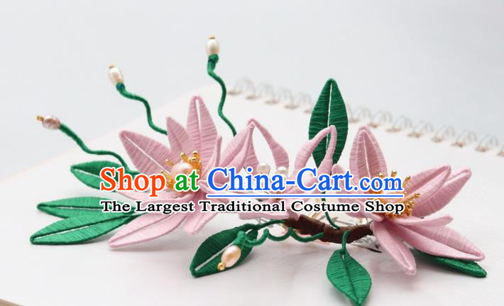 Chinese Handmade Song Dynasty Princess Pearls Hairpin Ancient Court Lady Pink Silk Epiphyllum Hair Comb
