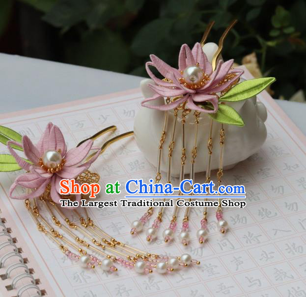 Chinese Handmade Hanfu Tassel Hair Stick Ancient Ming Dynasty Princess Pink Silk Epiphyllum Hairpin
