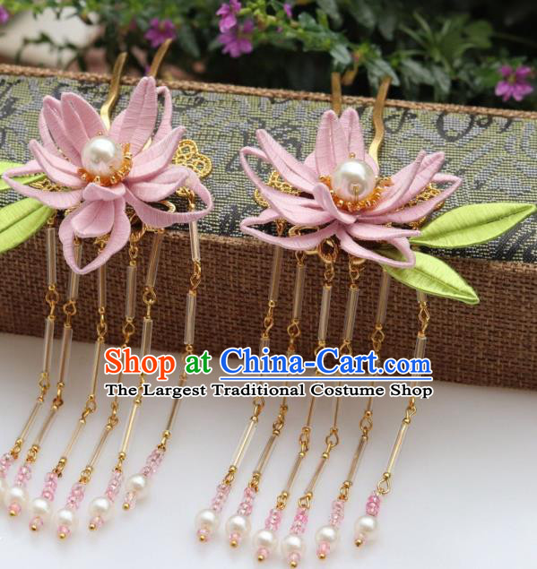 Chinese Handmade Hanfu Tassel Hair Stick Ancient Ming Dynasty Princess Pink Silk Epiphyllum Hairpin