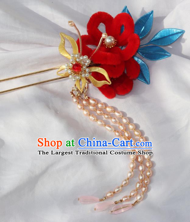 Chinese Ancient Young Lady Red Velvet Flower Hairpin Traditional Ming Dynasty Princess Pearls Tassel Hair Clip
