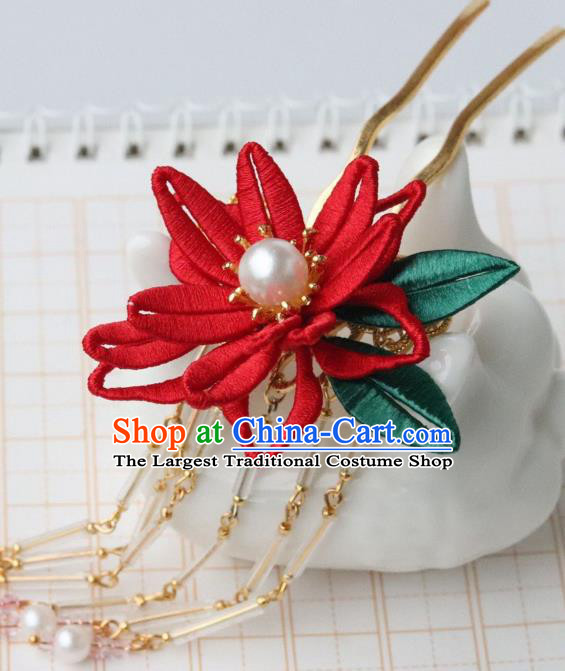Chinese Handmade Hanfu Red Epiphyllum Hair Stick Ancient Ming Dynasty Princess Pearls Tassel Hairpin