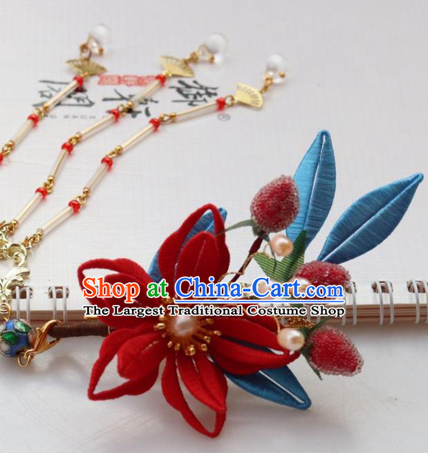 Chinese Handmade Long Tassel Hair Stick Ancient Ming Dynasty Princess Strawberry Flower Hair Claw