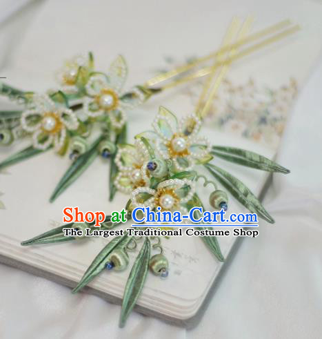 Chinese Handmade Silk Bamboo Leaf Hair Stick Ancient Ming Dynasty Princess Beads Plum Blossom Hairpin