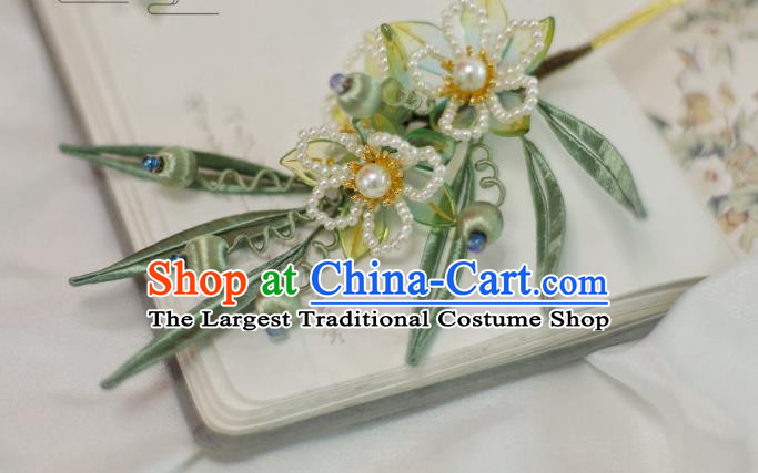 Chinese Handmade Silk Bamboo Leaf Hair Stick Ancient Ming Dynasty Princess Beads Plum Blossom Hairpin