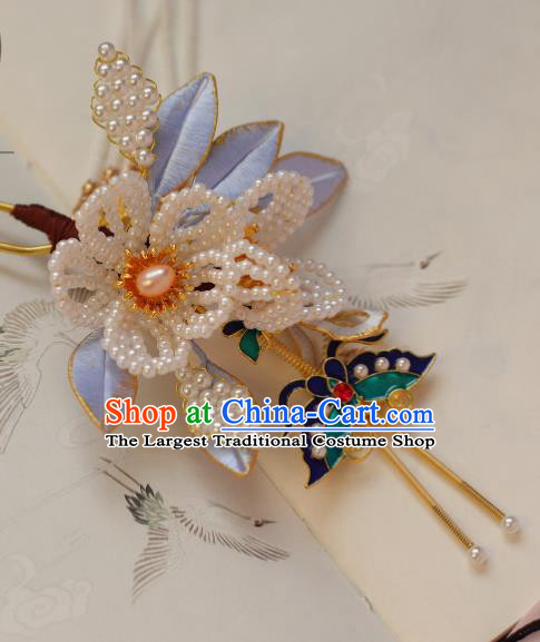 Chinese Handmade Pearls Tassel Hair Stick Ancient Ming Dynasty Empress Cloisonne Butterfly Plum Hairpin