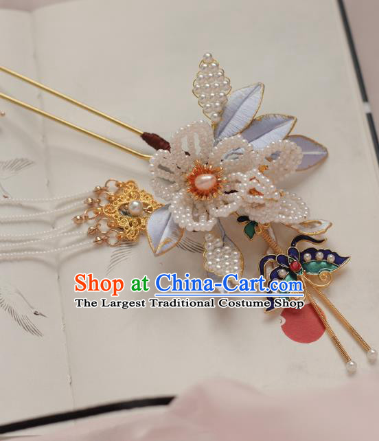 Chinese Handmade Pearls Tassel Hair Stick Ancient Ming Dynasty Empress Cloisonne Butterfly Plum Hairpin