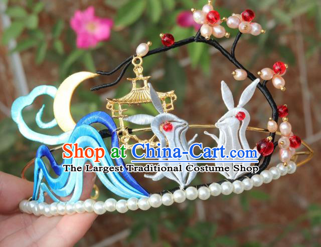 Chinese Ancient Princess Pearls Hair Clasp Traditional Song Dynasty Silk Moon Rabbit Hair Crown
