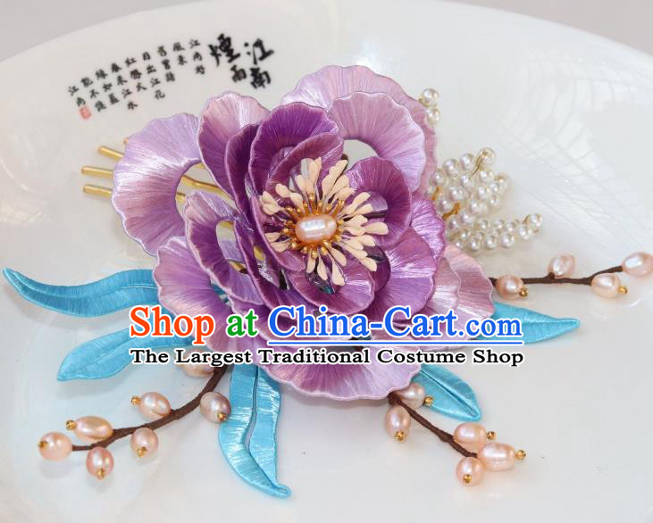 Chinese Ancient Noble Woman Hairpin Traditional Ming Dynasty Princess Lilac Peony Hair Comb