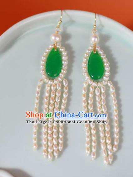 China National Pearls Tassel Earrings Traditional Cheongsam Jade Ear Jewelry