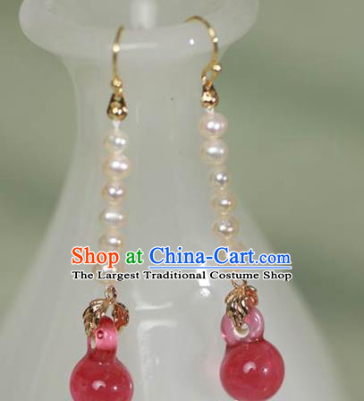 China Handmade Tourmaline Pearls Earrings Traditional Qing Dynasty Court Enamel Ear Jewelry