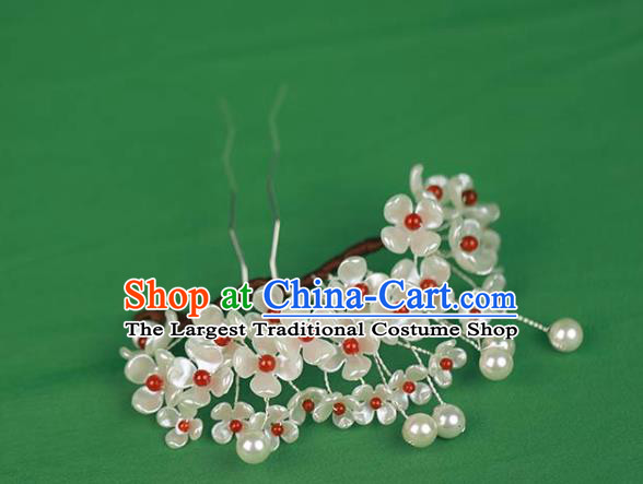 Chinese Handmade Shell Flowers Hairpin Ancient Qing Dynasty Noble Woman Pearls Hair Stick