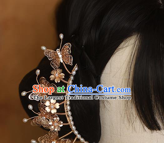Chinese Traditional Ming Dynasty Golden Butterfly Hair Stick Ancient Princess Pearls Hairpin
