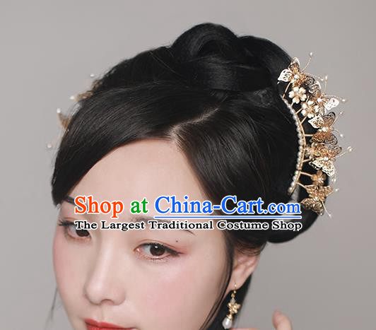 Chinese Traditional Ming Dynasty Golden Butterfly Hair Stick Ancient Princess Pearls Hairpin