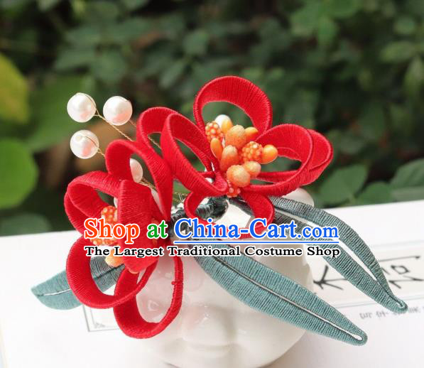 Chinese Handmade Hanfu Hair Stick Ancient Ming Dynasty Princess Red Flowers Hairpin