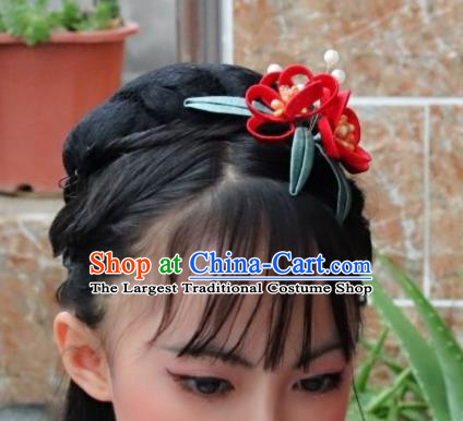 Chinese Handmade Hanfu Hair Stick Ancient Ming Dynasty Princess Red Flowers Hairpin