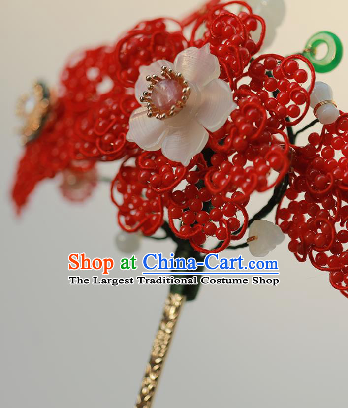 Chinese Traditional Qing Dynasty Red Beads Hair Stick Ancient Empress Jade Butterfly Hairpin