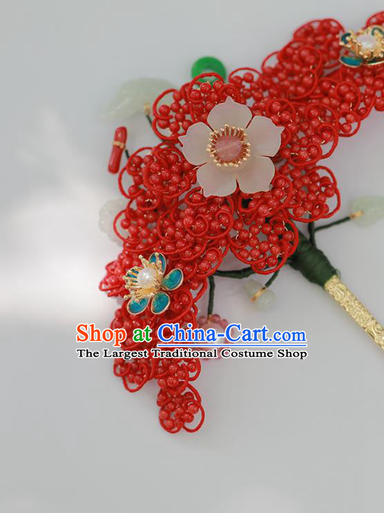 Chinese Traditional Qing Dynasty Red Beads Hair Stick Ancient Empress Jade Butterfly Hairpin