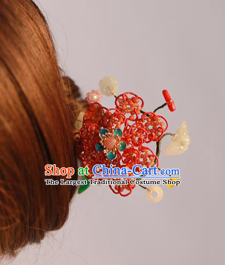 Chinese Traditional Qing Dynasty Palace Jade Butterfly Hair Stick Ancient Imperial Concubine Red Beads Hairpin