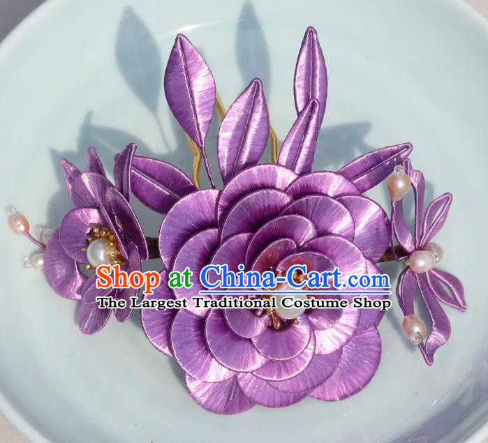 Chinese Traditional Hanfu Pearls Hair Comb Ancient Princess Lilac Camellia Hairpin