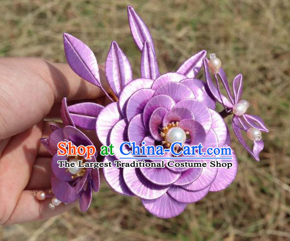 Chinese Traditional Hanfu Pearls Hair Comb Ancient Princess Lilac Camellia Hairpin