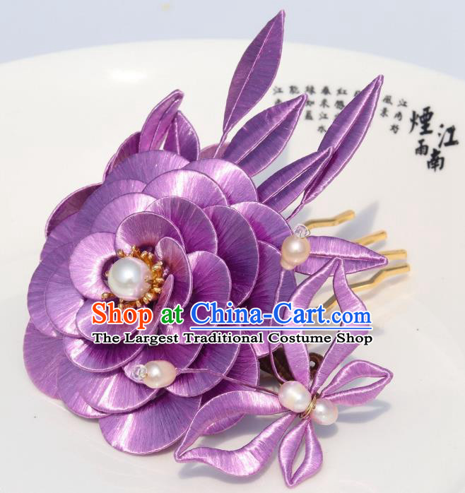 Chinese Traditional Hanfu Pearls Hair Comb Ancient Princess Lilac Camellia Hairpin