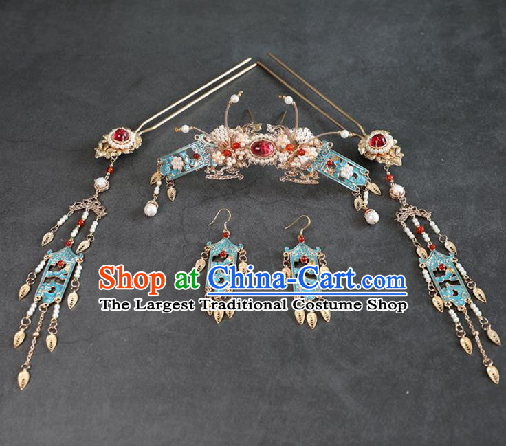 Chinese Ancient Princess Tassel Hairpins Traditional Ming Dynasty Cloisonne Hair Accessories Full Set