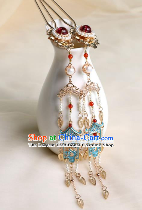 Chinese Ancient Princess Pearls Tassel Hairpins Traditional Ming Dynasty Cloisonne Hair Stick