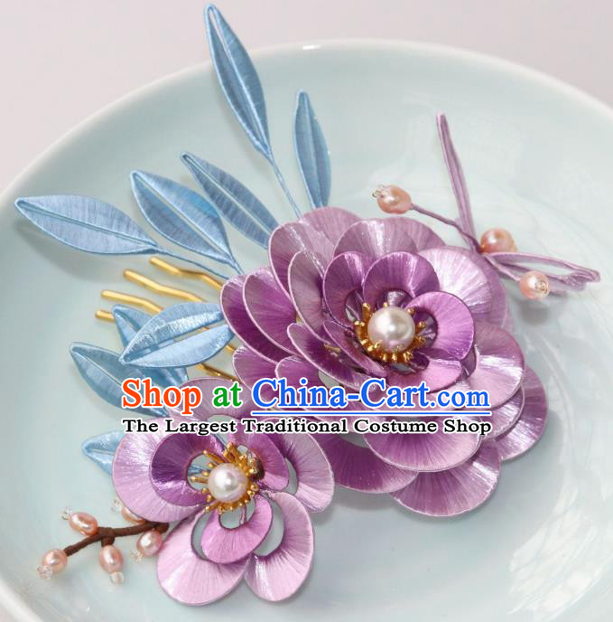 Chinese Ancient Princess Lilac Silk Camellia Hairpin Traditional Hanfu Pearls Hair Comb