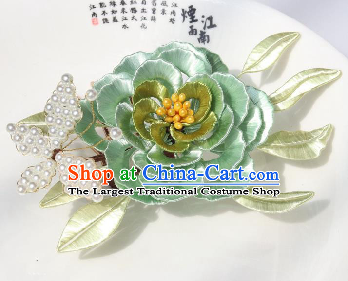 Chinese Ancient Princess Green Silk Camellia Hairpin Traditional Hanfu Pearls Butterfly Hair Comb