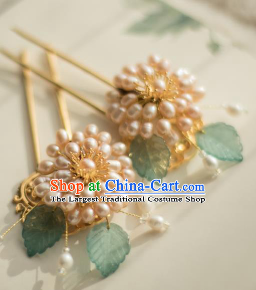 Chinese Handmade Pearls Chrysanthemum Hair Stick Ancient Ming Dynasty Princess Hairpin