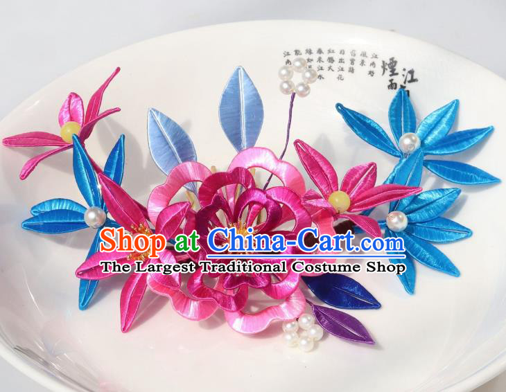 Chinese Ancient Princess Rosy Silk Peony Hairpin Traditional Hanfu Pearls Hair Comb