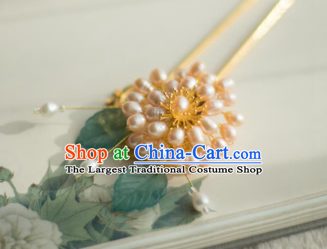 Chinese Handmade Pearls Chrysanthemum Hair Stick Ancient Ming Dynasty Princess Hairpin